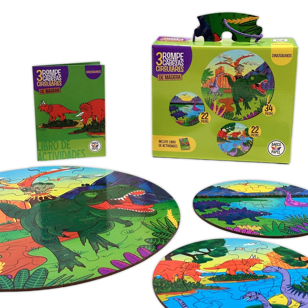 ROMPECABEZAS BARCO DE PAPEL MADERA CIRCULAR X 3 - DINOSAURIOS
