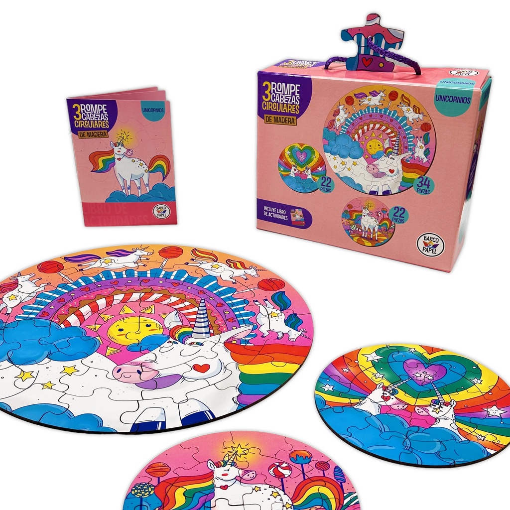ROMPECABEZAS BARCO DE PAPEL MADERA CIRCULAR X 3 - UNICORNIOS