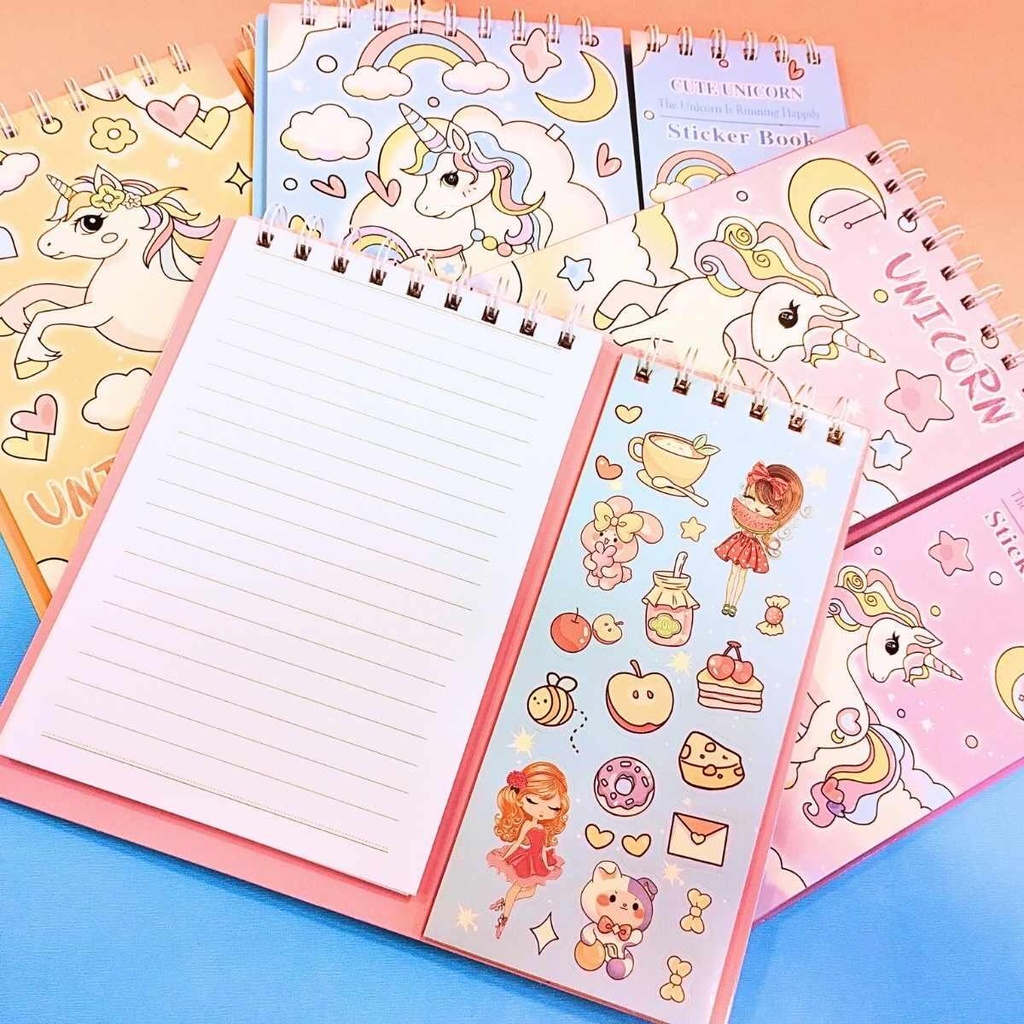LIBRETA COLOURS ESPIRALADA 60 HOJAS RAYADAS + 16 PLANCHAS STICKERS UNICORNIO