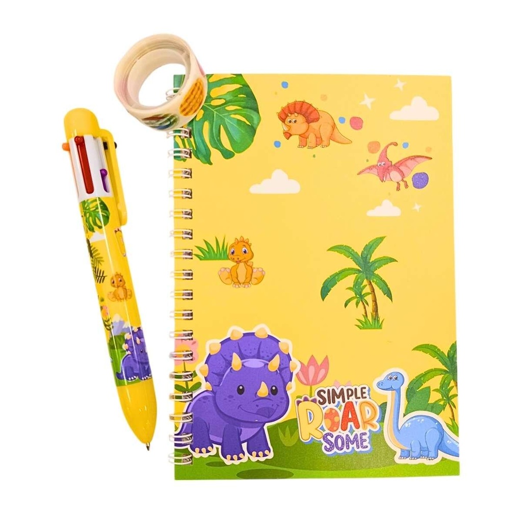LIBRETA COLOURS + BOLIGRAFO X 6 COLORES Y CINTA DINOS