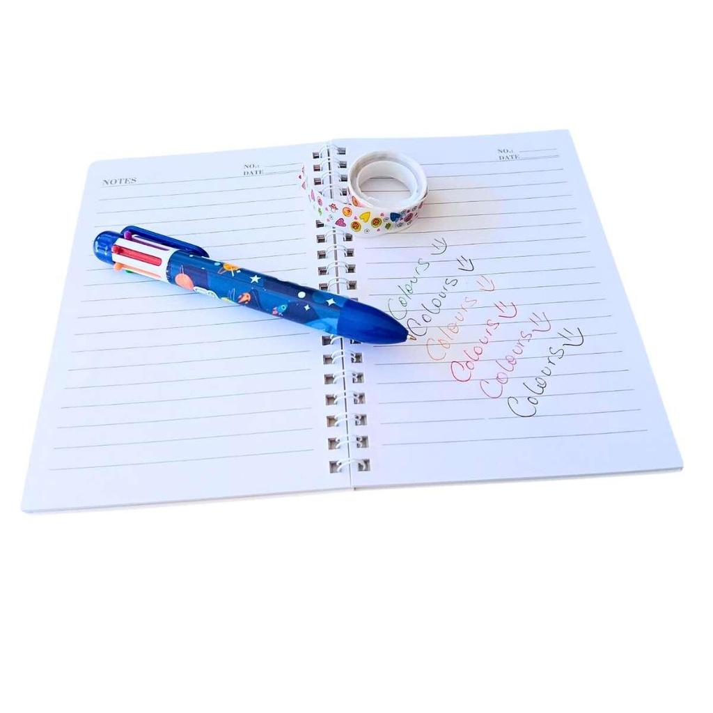 LIBRETA COLOURS + BOLIGRAFO X 6 COLORES Y CINTA ESPACIAL