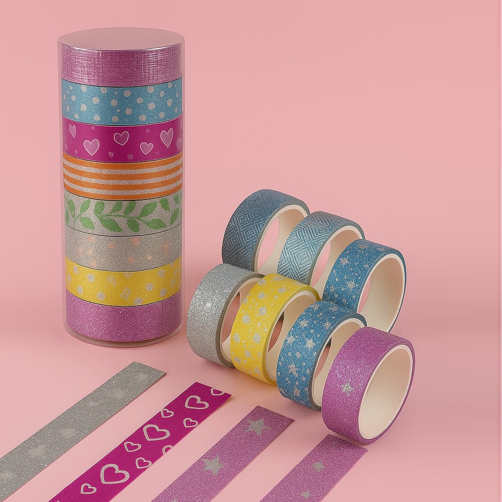 CINTA ADHESIVA WASHI TAPE CON BRILLO Y GLITTER X 10