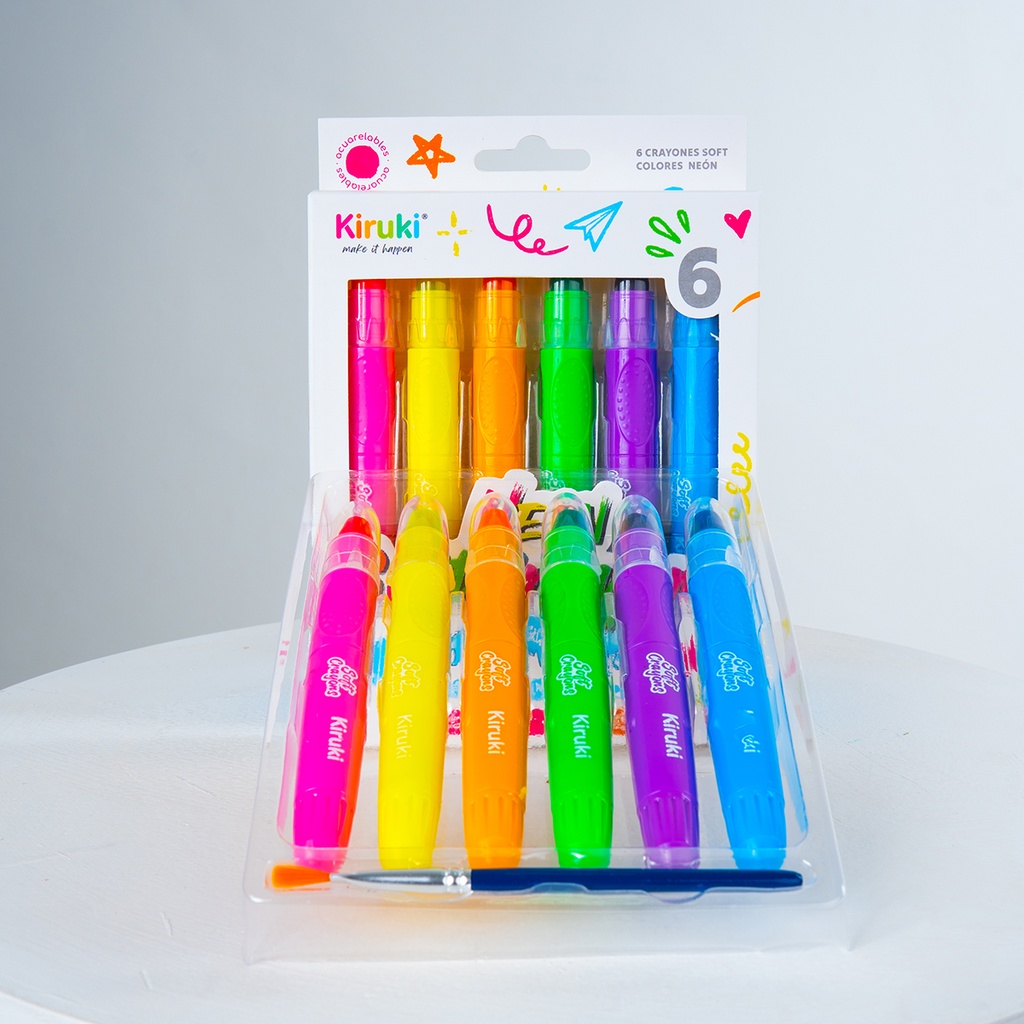 CRAYONES KIRUKI SOFT ACUARELABLES RETRACTILES X 6 COLORES NEON