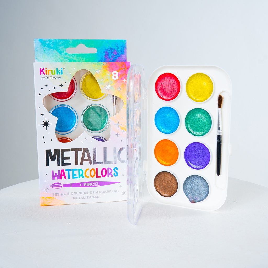 ACUARELAS KIRUKI X 8 COLORES METALIZADOS + PINCEL