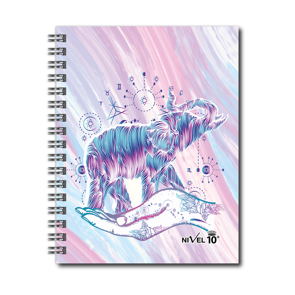 AGENDA NIVEL 10 14x19 DXP ESPIRALADA CON INDICE TROQUELADO, ELASTICO Y CINTA SEÑALADORA LINEA ELEFANTES