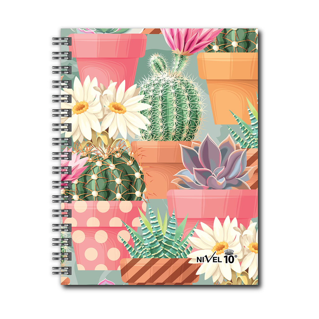 AGENDA NIVEL 10 14x19 DXP ESPIRALADA CON INDICE TROQUELADO, ELASTICO Y CINTA SEÑALADORA LINEA CACTUS