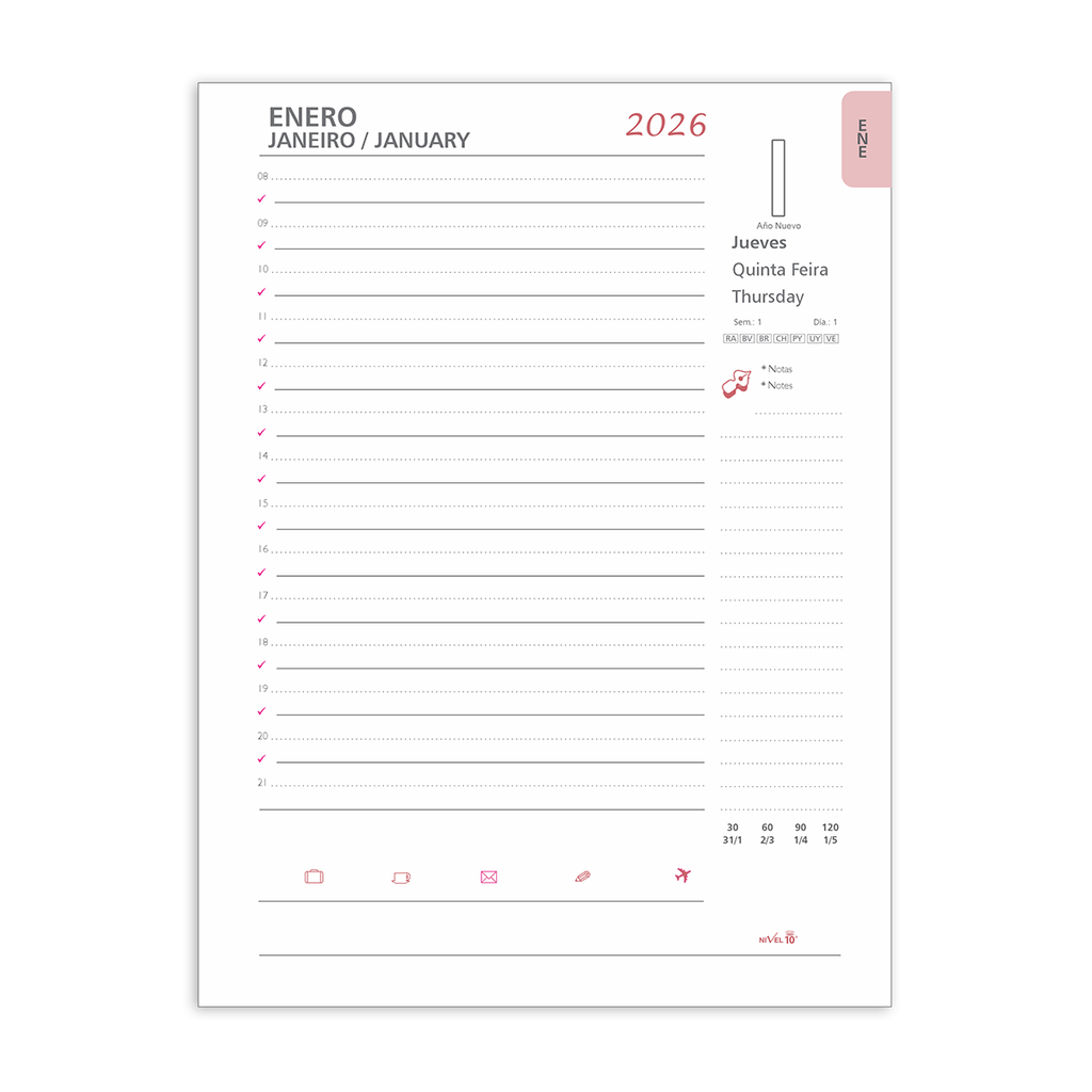 REPUESTO AGENDA NIVEL 10 Nº8 16x22cm DIA POR PAGINA CON INDICE