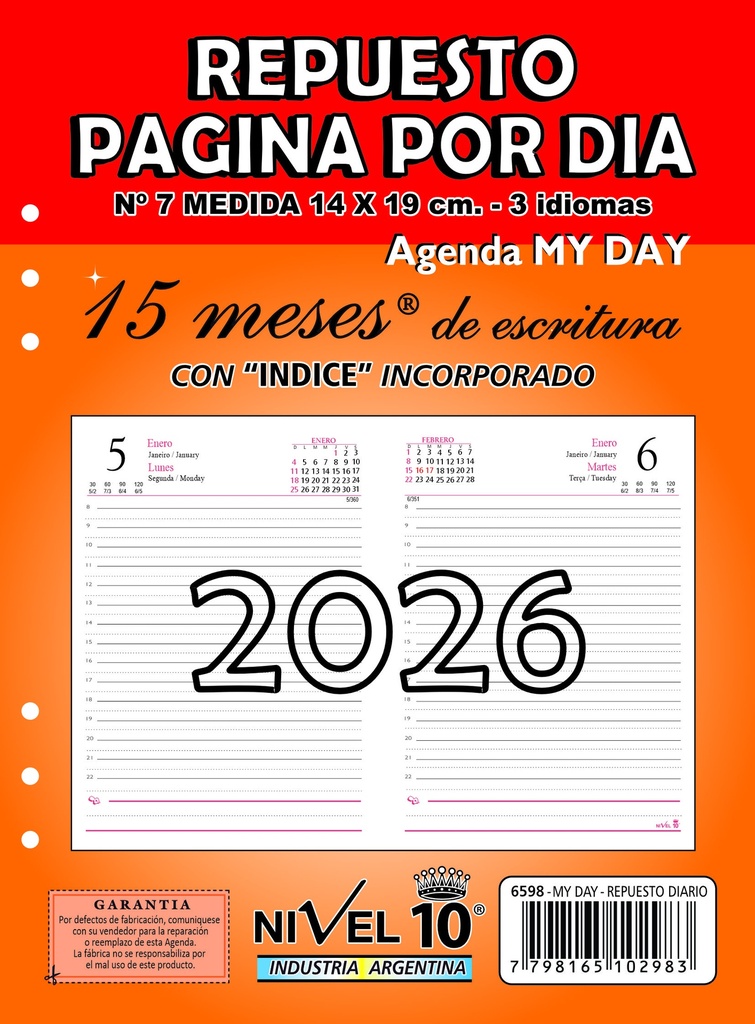 REPUESTO AGENDA NIVEL 10 Nº7 14x19cm SEMANAL CON INDICE (LLEVA 2 PAGA 1)