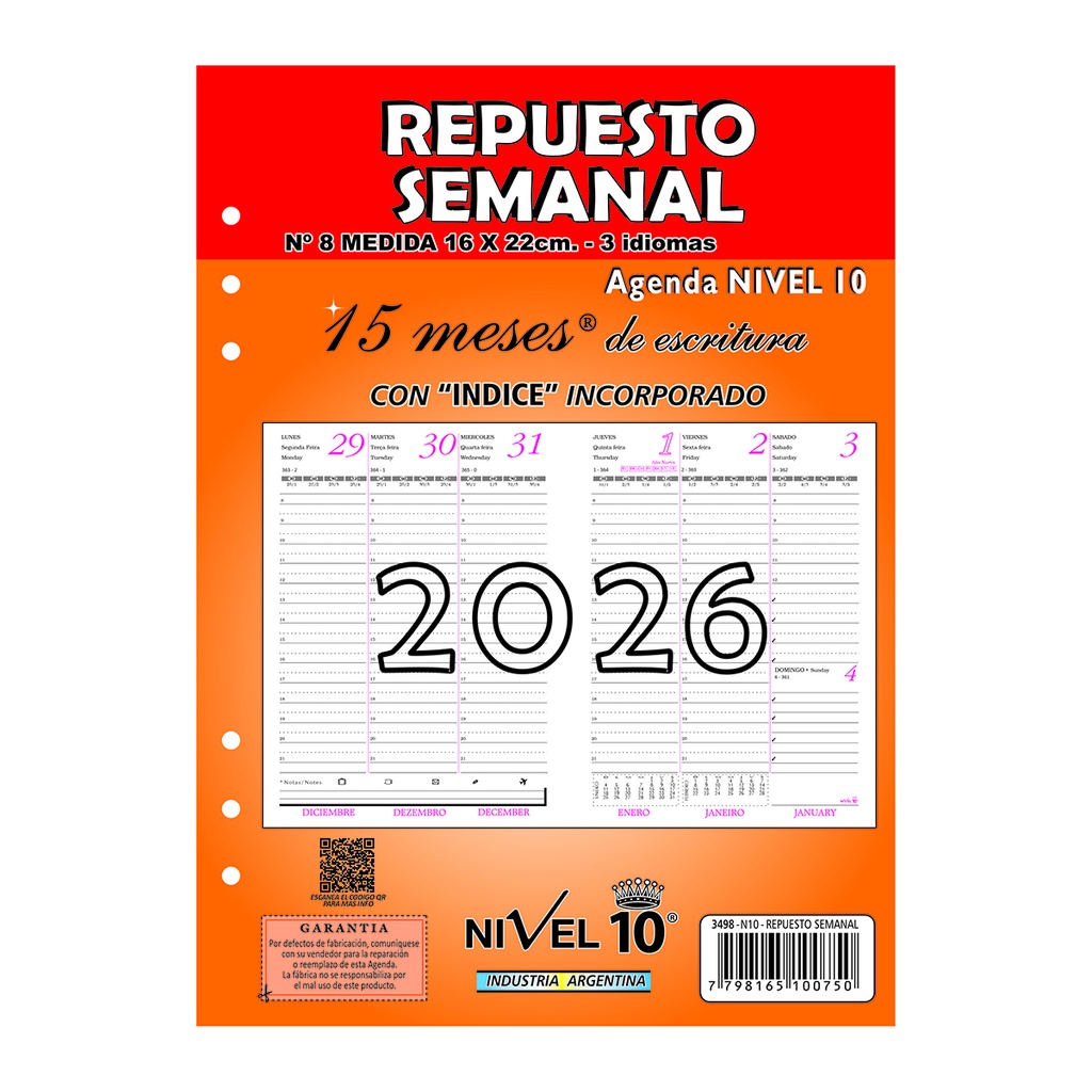 REPUESTO AGENDA NIVEL 10 Nº8 16x22cm SEMANAL CON INDICE