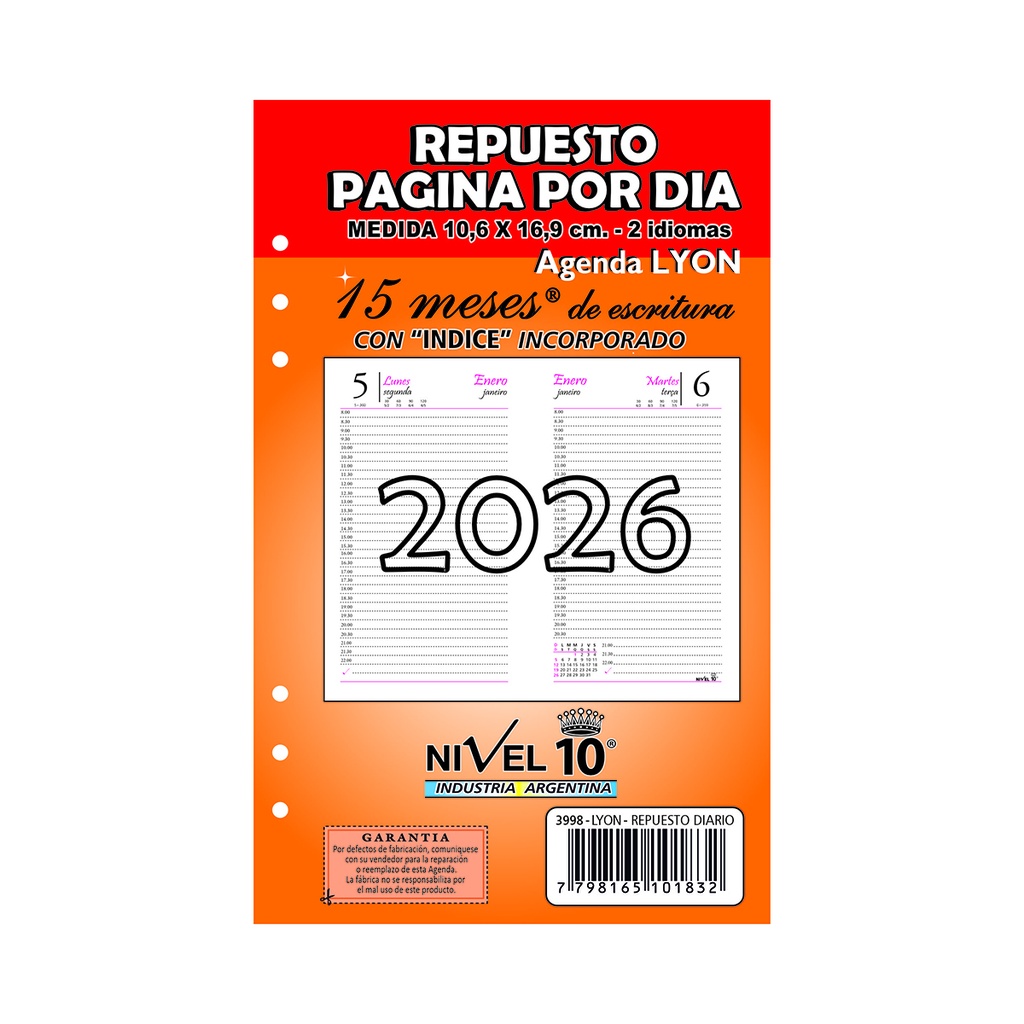 REPUESTO AGENDA NIVEL 10 11x17cm DIA POR PAGINA CON INDICE