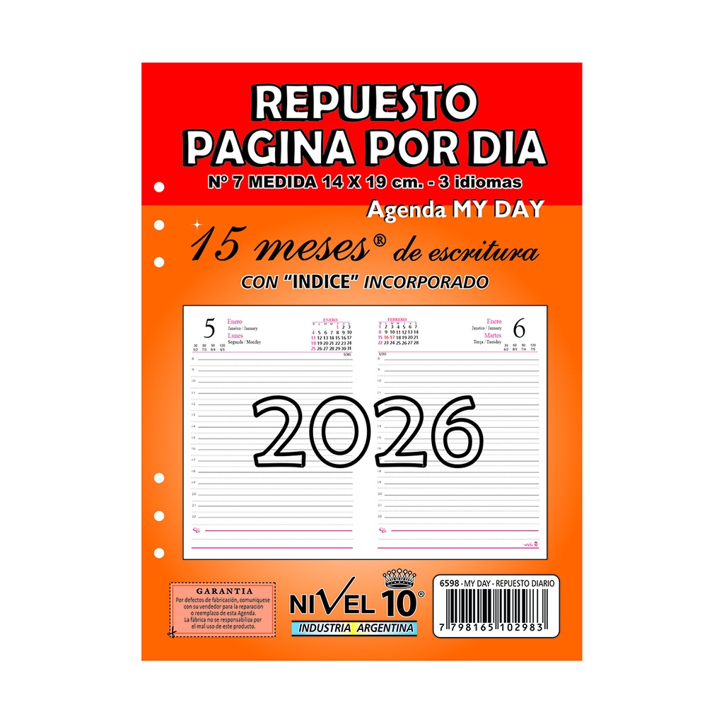 REPUESTO AGENDA NIVEL 10 Nº7 14x19cm DIA POR PAGINA CON INDICE (LLEVA 2 PAGA 1)