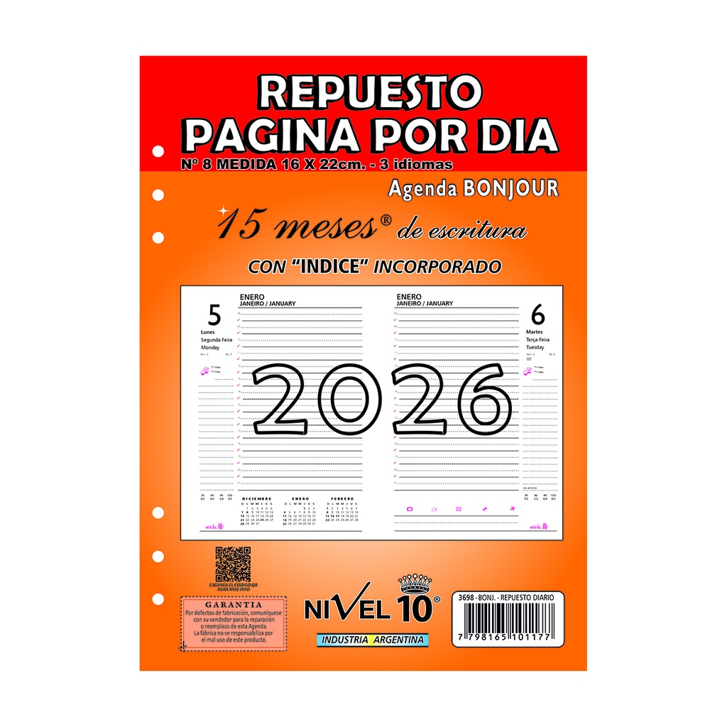 REPUESTO AGENDA NIVEL 10 Nº8 16x22cm DIA POR PAGINA CON INDICE
