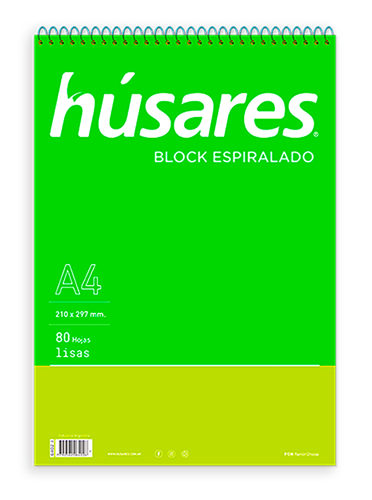 BLOCK HUSARES ESPIRALADO A4 80 HOJAS LISO