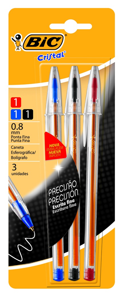 BOLIGRAFO BIC CRISTAL 0.8 X 3 COLORES AZ/RO/NE