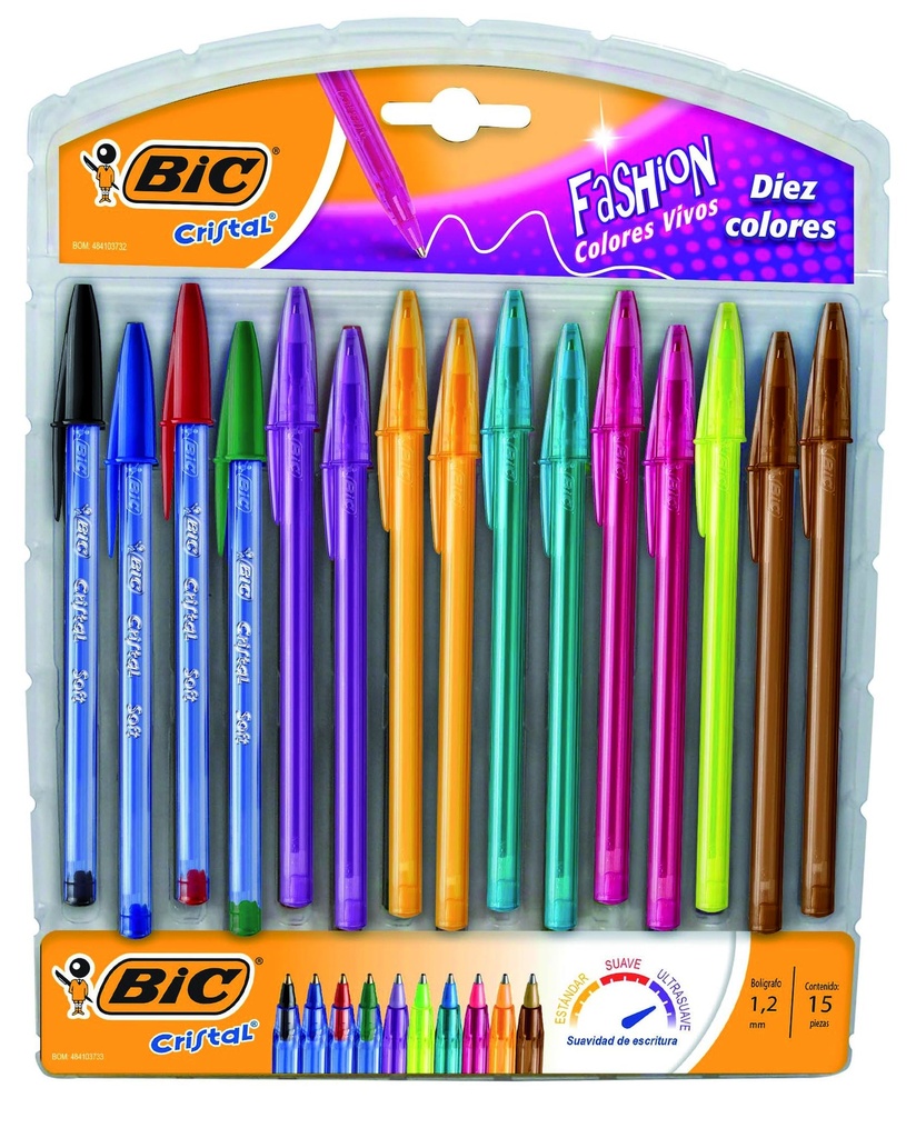 BOLIGRAFO BIC CRISTAL FASHION 1.2 X 15 COLORES SURTIDOS