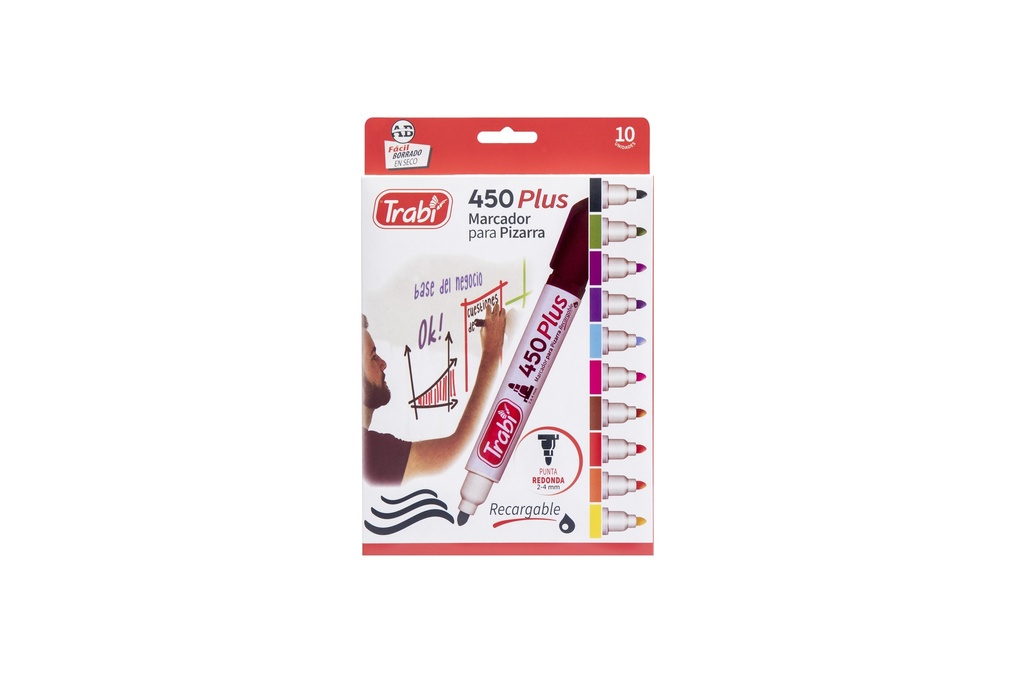 MARCADOR TRABI 450 PARA PIZARRA X 10 COLORES SURTIDOS