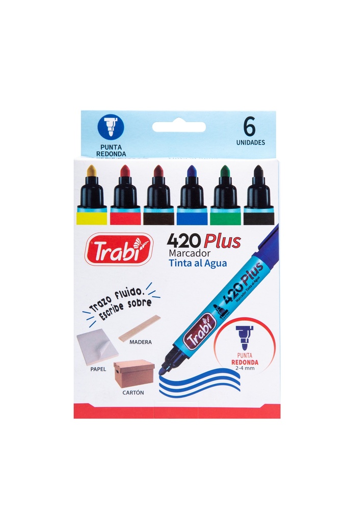 MARCADOR TRABI 420 AL AGUA PUNTA REDONDA X 6 COLORES SURTIDOS