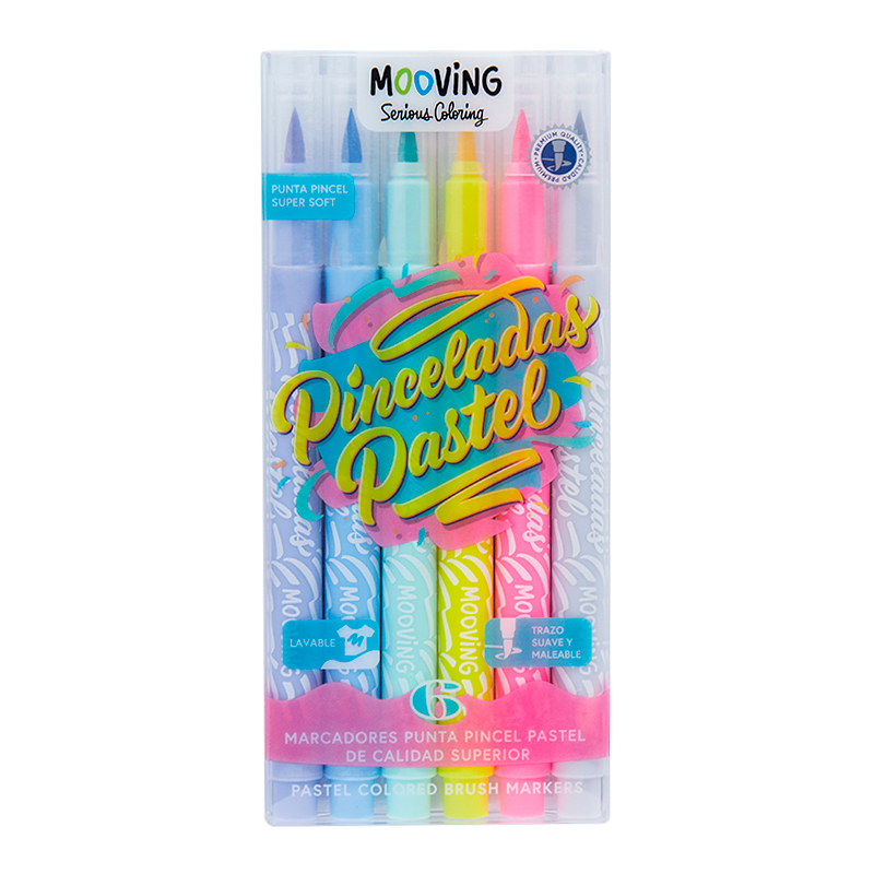 MARCADOR MOOVING PINCELADAS PUNTA PINCEL X 6 COLORES PASTEL