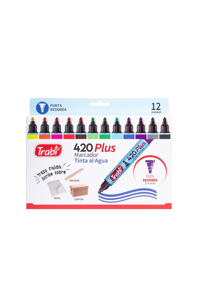 MARCADOR TRABI 420 AL AGUA PUNTA REDONDA X 12 COLORES SURTIDOS