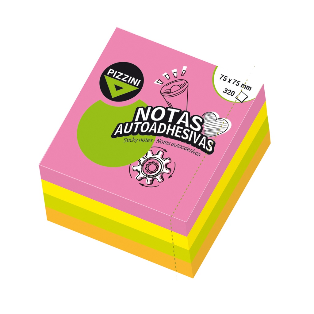 NOTAS ADHESIVAS PIZZINI 75X75MM 320 HOJAS FLUO 4 COLORES