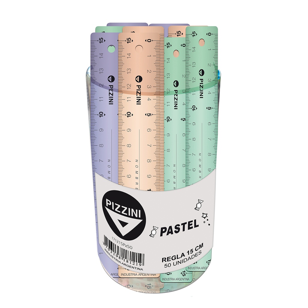 REGLA PIZZINI PLASTICA PASTEL 15CM X50