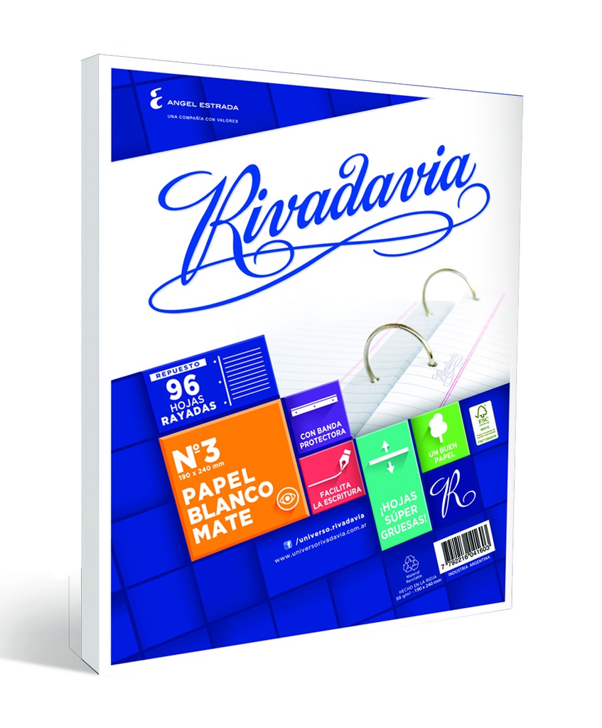 REPUESTO RIVADAVIA Nº3 BLANCO MATE 96 HOJAS RAYADO
