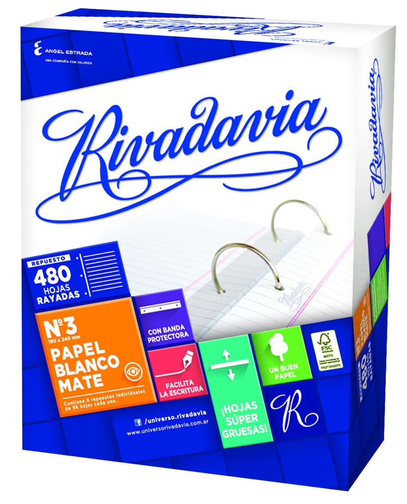 REPUESTO RIVADAVIA Nº3 BLANCO MATE 480 HOJAS RAYADO