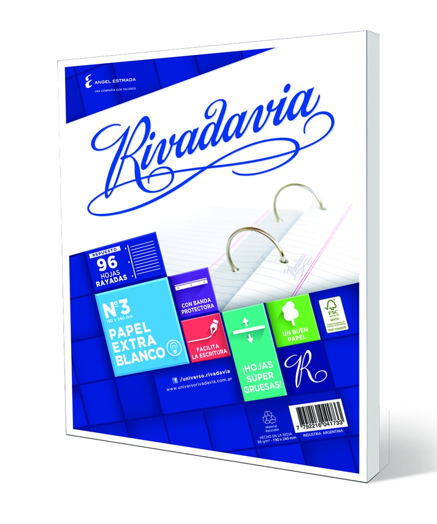 REPUESTO RIVADAVIA Nº3 EXTRA BLANCO X96H RAYADO