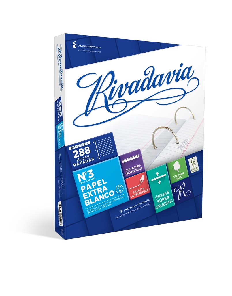 REPUESTO RIVADAVIA Nº3 EXTRA BLANCO 288 HOJAS RAYADO