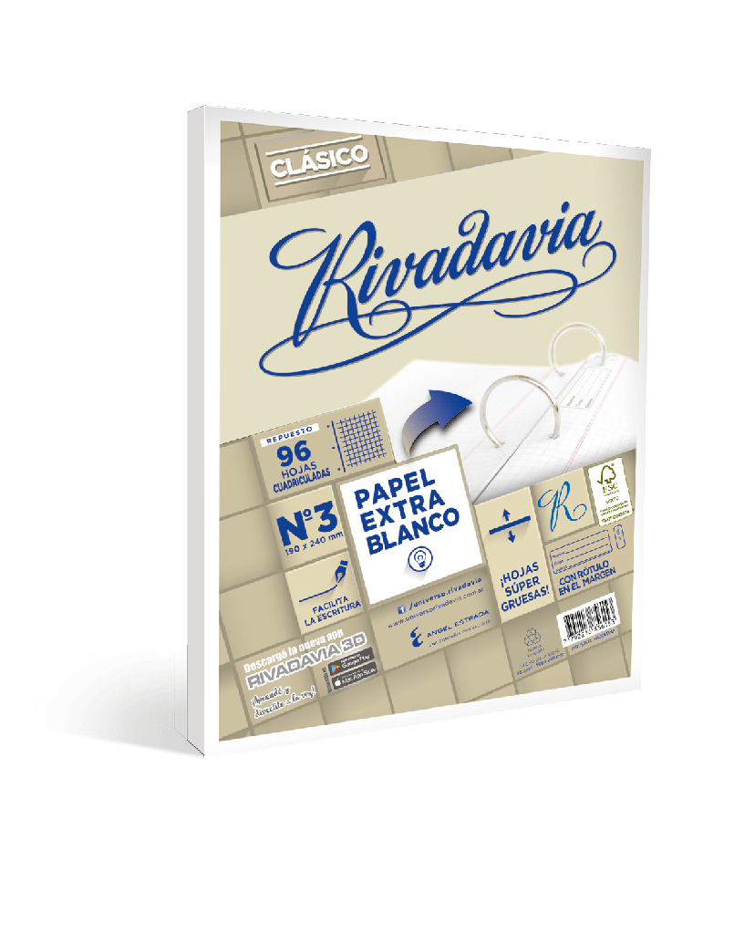 REPUESTO RIVADAVIA Nº3 EXTRA BLANCO SIN BANDA X96H CUADR.
