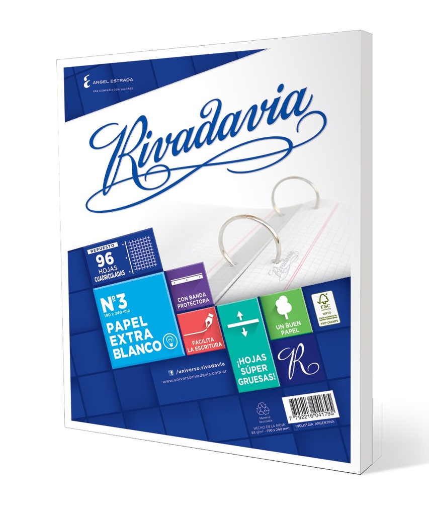 REPUESTO RIVADAVIA Nº3 EXTRA BLANCO X96H CUADRICULADO