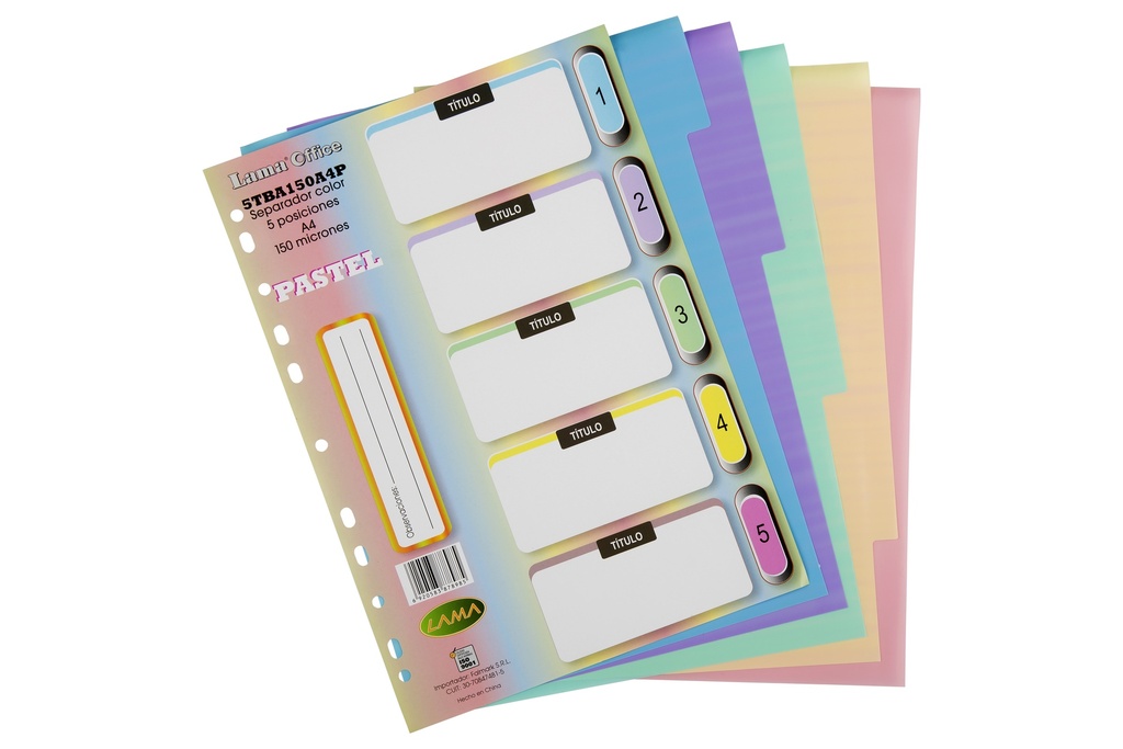 SEPARADOR A4 LAMA 5 POSICIONES X 150 MICRONES PASTEL