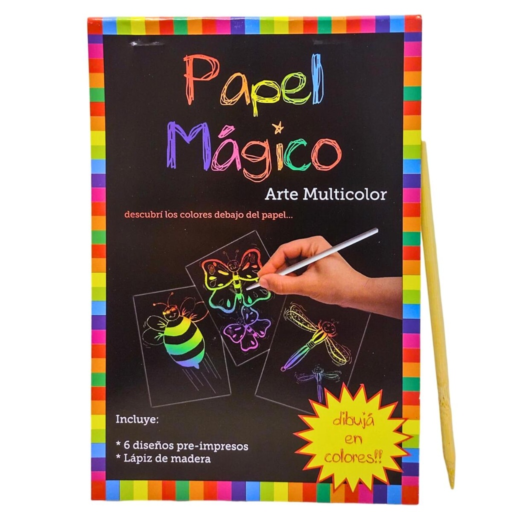 PAPEL MAGICO 6 DISEÑOS PRE IMPRESOS + LAPIZ DE MADERA