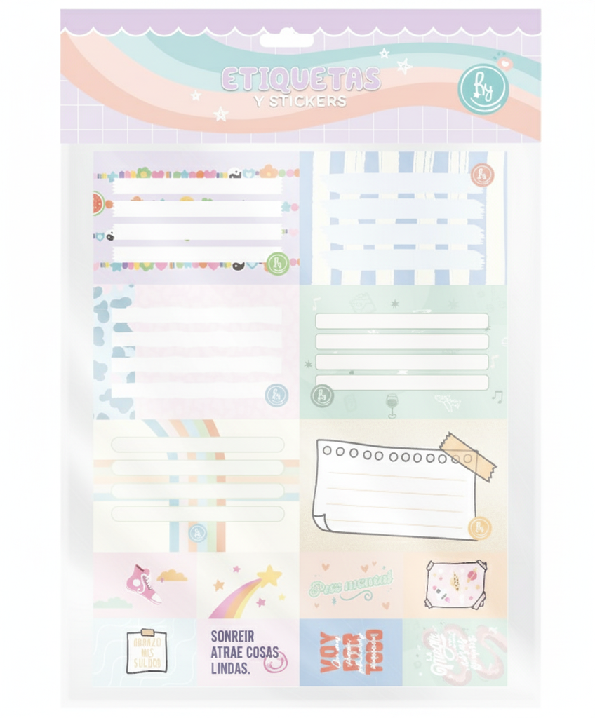ETIQUETAS RY X6 + 8 STICKERS MOTIVACION CREATIVA
