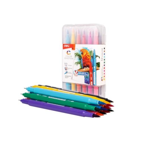 MARCADOR DELI DOBLE PUNTA PINCEL-MICROFIBRA ESTUCHE X 12 COLORES PROMO