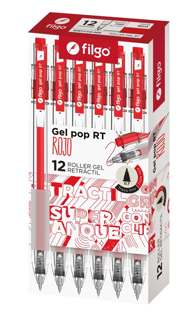 BOLIGRAFO FILGO GEL POP RETRACTIL 0.7 X 12 ROJO
