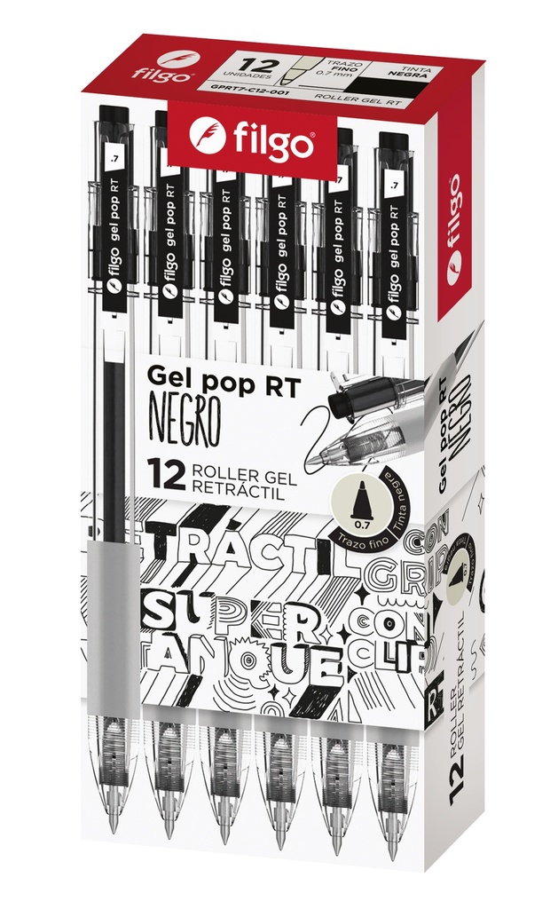BOLIGRAFO FILGO GEL POP RETRACTIL 0.7 X 12 NEGRO