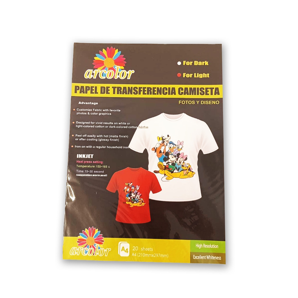PAPEL ARCOLOR TRANSFERENCIA PARA ROPA A4 X20