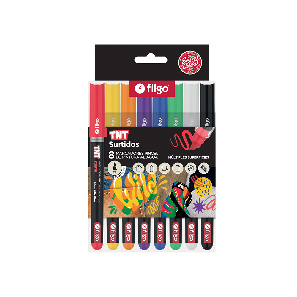MARCADOR FILGO TNT PINTURA AL AGUA PUNTA PINCEL X8 SURTIDOS