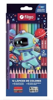 PINTURITAS FILGO X12 LARGAS + 2 LAPICES GRAFITO HB+SACAPUNTA+GOMA GAMER