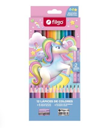 PINTURITAS FILGO X12 LARGAS + 2 LAPICES GRAFITO HB+SACAPUNTA+GOMA UNICORNIO