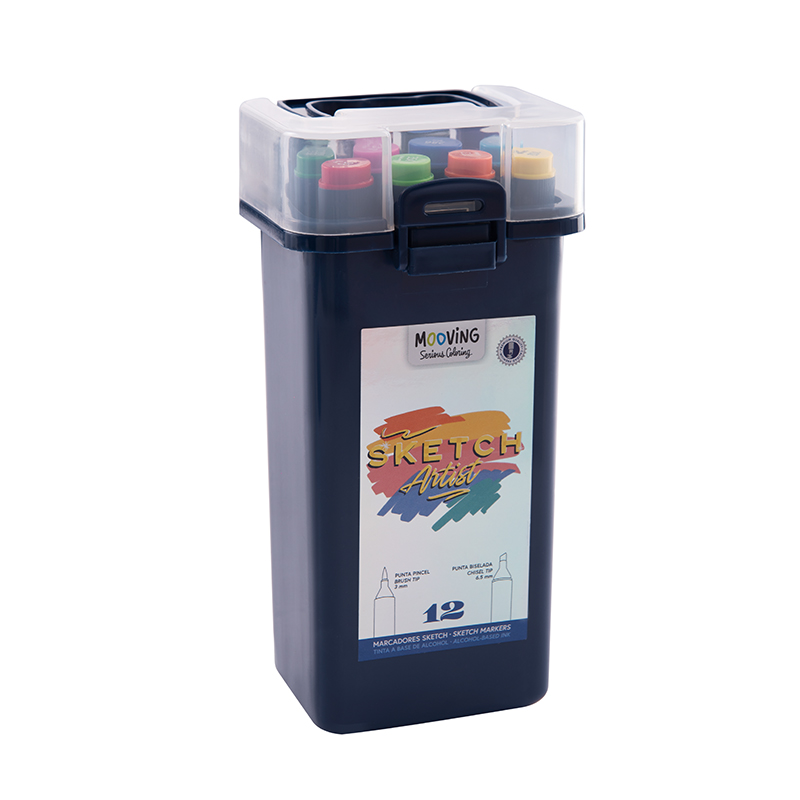 MARCADOR MOOVING SKETCH ARTIST DOBLE PUNTA PINCEL Y BISELADA X 12 COLORES SURTIDOS