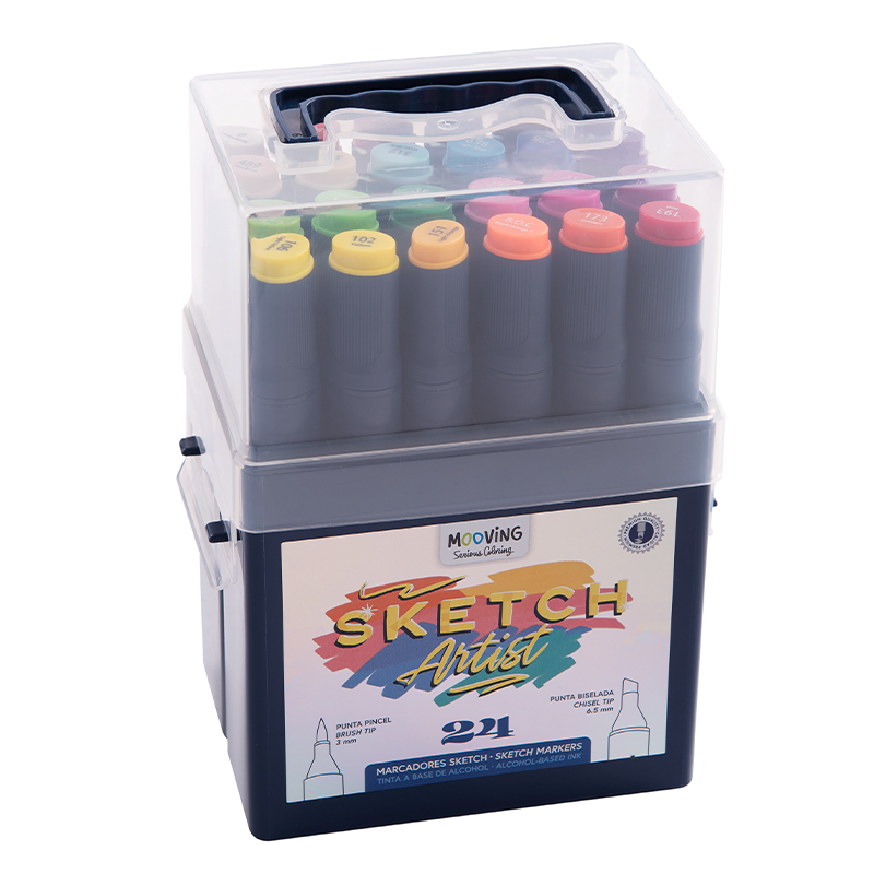 MARCADOR MOOVING SKETCH ARTIST DOBLE PUNTA PINCEL Y BISELADA X 24 COLORES SURTIDOS