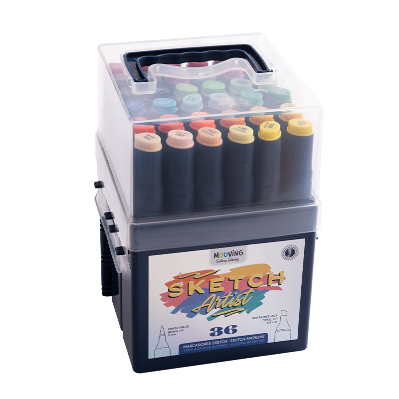 MARCADOR MOOVING SKETCH ARTIST DOBLE PUNTA PINCEL Y BISELADA X 36 COLORES SURTIDOS