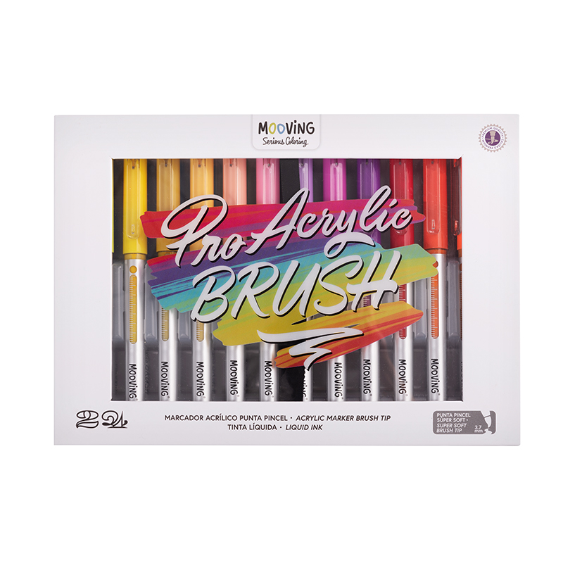 MARCADOR MOOVING PRO ACRYLIC BRUSH PUNTA PINCEL X 24 COLORES ACRILICOS