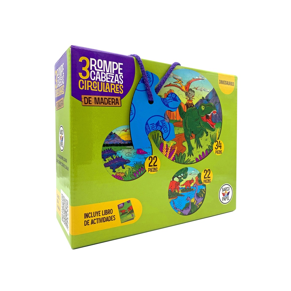ROMPECABEZAS BARCO DE PAPEL MADERA CIRCULAR X 3 - DINOSAURIOS