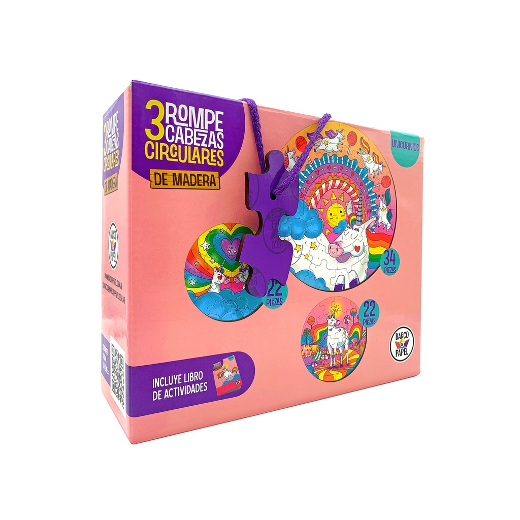 ROMPECABEZAS BARCO DE PAPEL MADERA CIRCULAR X 3 - UNICORNIOS