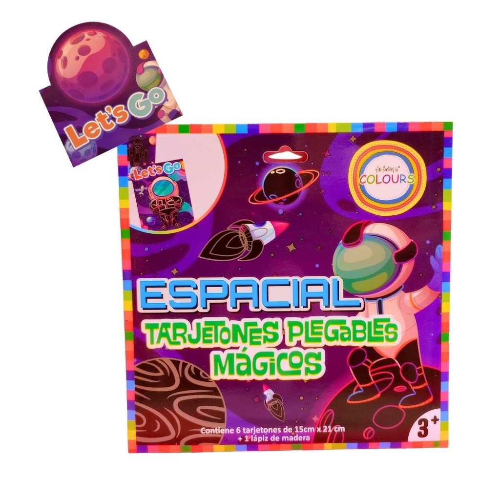 TARJETONES PLEGABLES MAGICOS X 6 + LAPIZ DE MADERA ESPACIAL