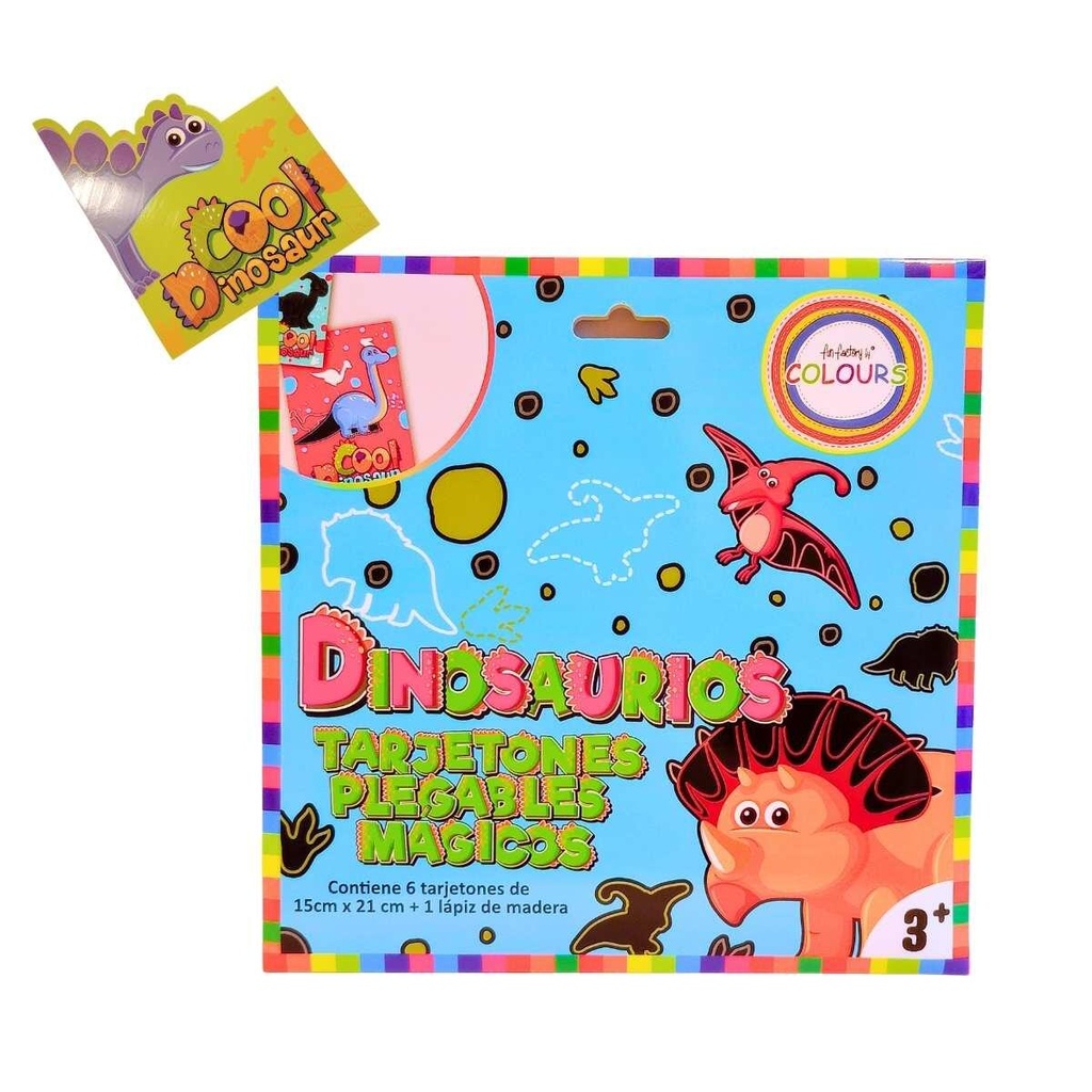 TARJETONES PLEGABLES MAGICOS X6 + LAPIZ DE MADERA DINO