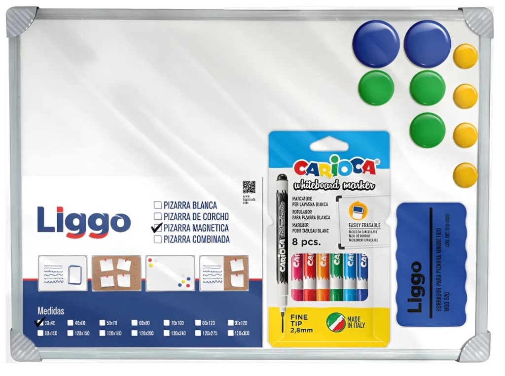 PIZARRA LIGGO 30X40 MAGNETICA + BORRADOR + 9 IMANES+ 6 MARCADORES